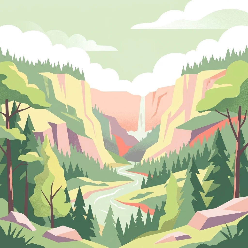 Una ilustración gráfica que muestra un valle frondoso rodeado de acantilados escarpados, con una pequeña cascada que fluye hacia un río en la distancia y pinos en primer plano.