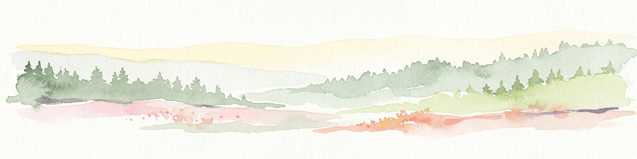 A watercolor illustration of rolling hills with a treeline and meadow, featuring soft green and orange tones on a white background.