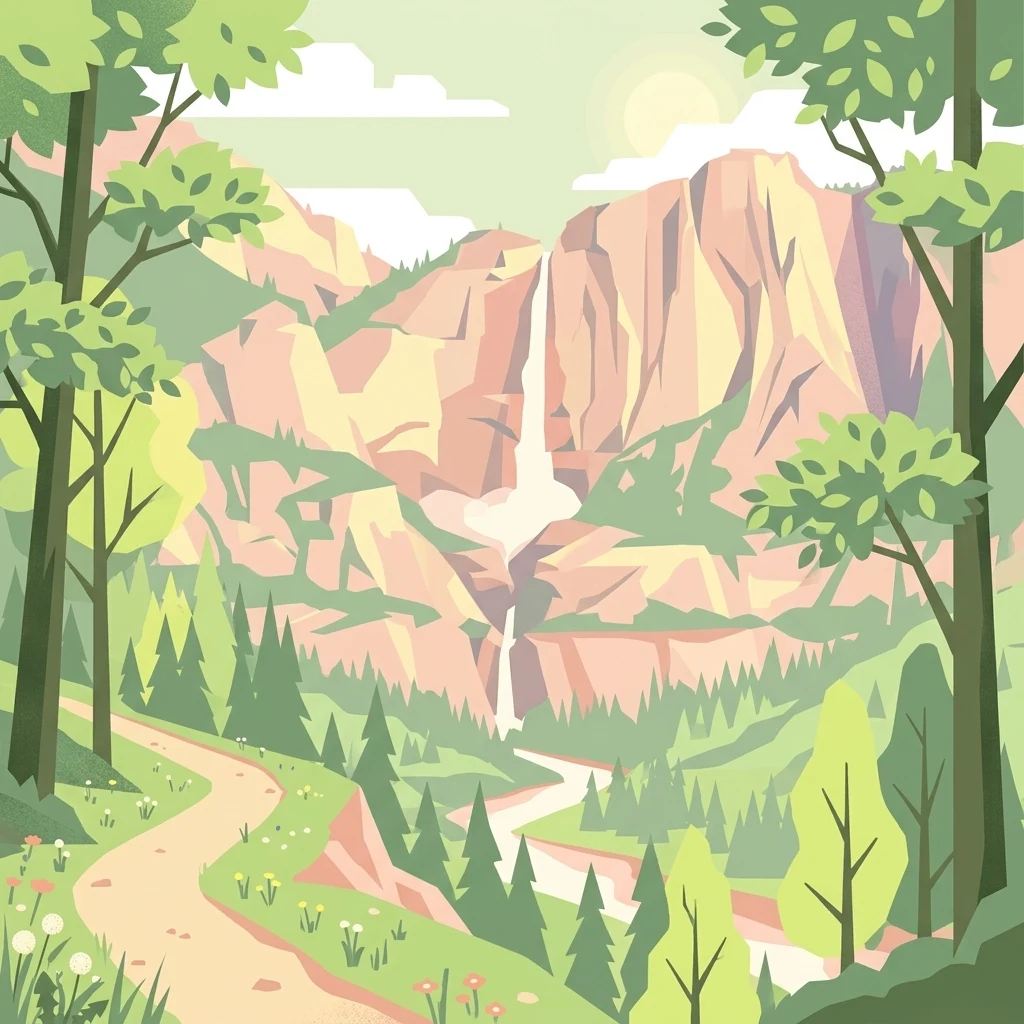 An illustration depicting a winding path through a forest leading toward a waterfall cascading down rocky mountains.