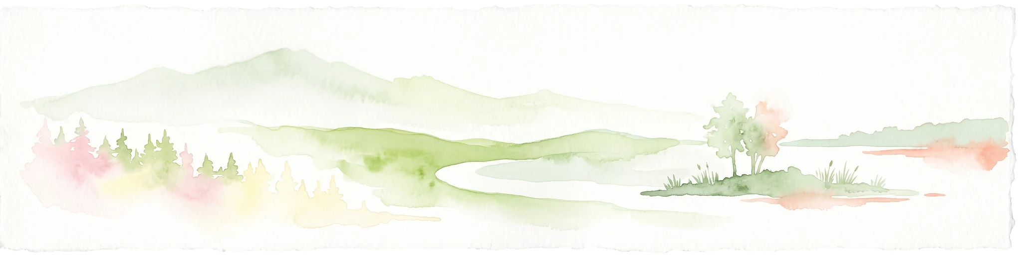 A watercolor painting depicting a wide, soft-toned landscape with rolling green hills, a cluster of trees on a small rise, and forested areas in the background.