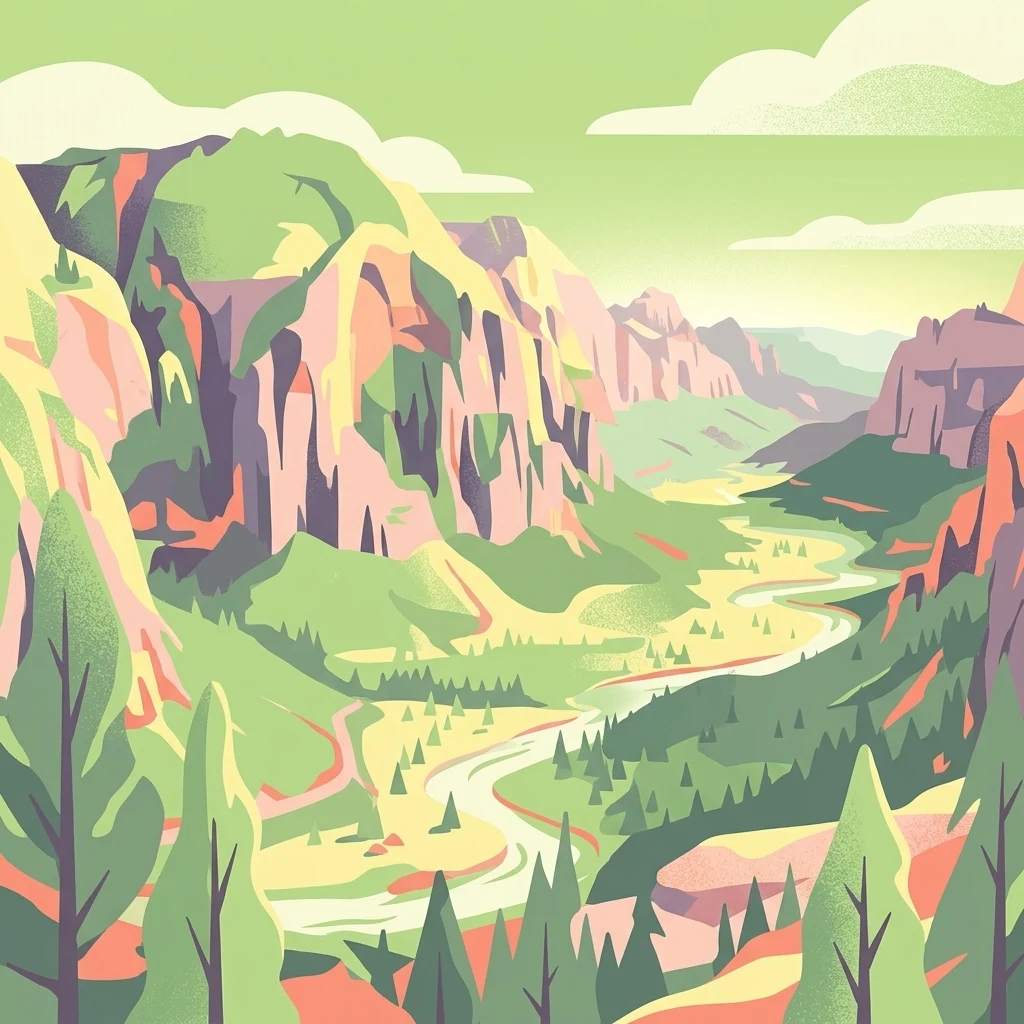 Una ilustración vectorial plana y estilizada de un valle con un río serpenteante, rodeado de montañas y pinos, representado con una paleta de colores cálidos y pastel.