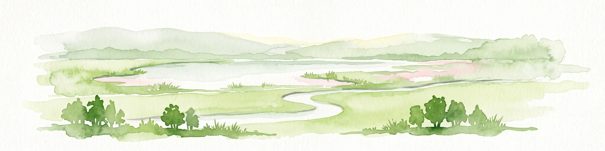 Una ilustración horizontal en acuarela que muestra un arroyo serpenteante fluyendo a través de praderas verdes abiertas con árboles dispersos y colinas bajas al fondo.