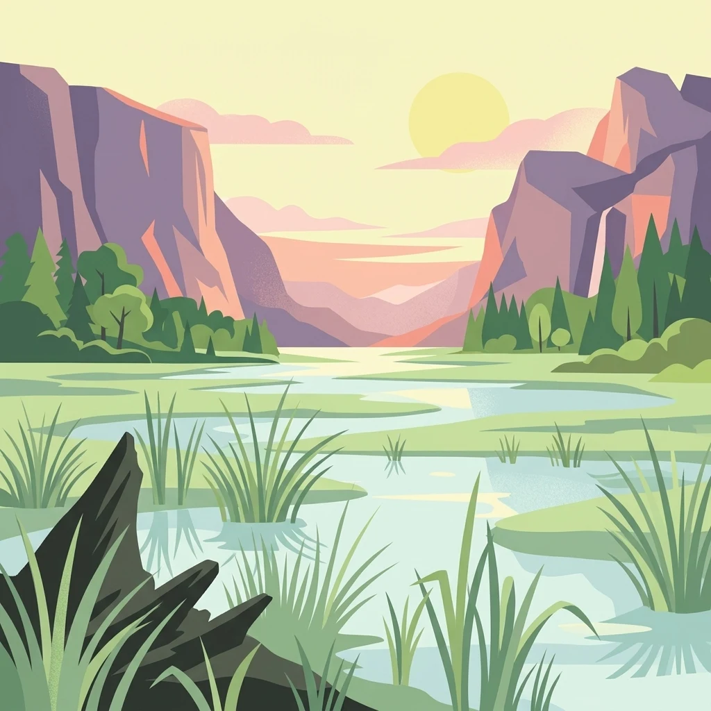 A flat-style vector illustration shows a marshy wetland with tall grasses in the foreground, calm pools of water in the midground, and rugged mountains under a sunset sky in the background.