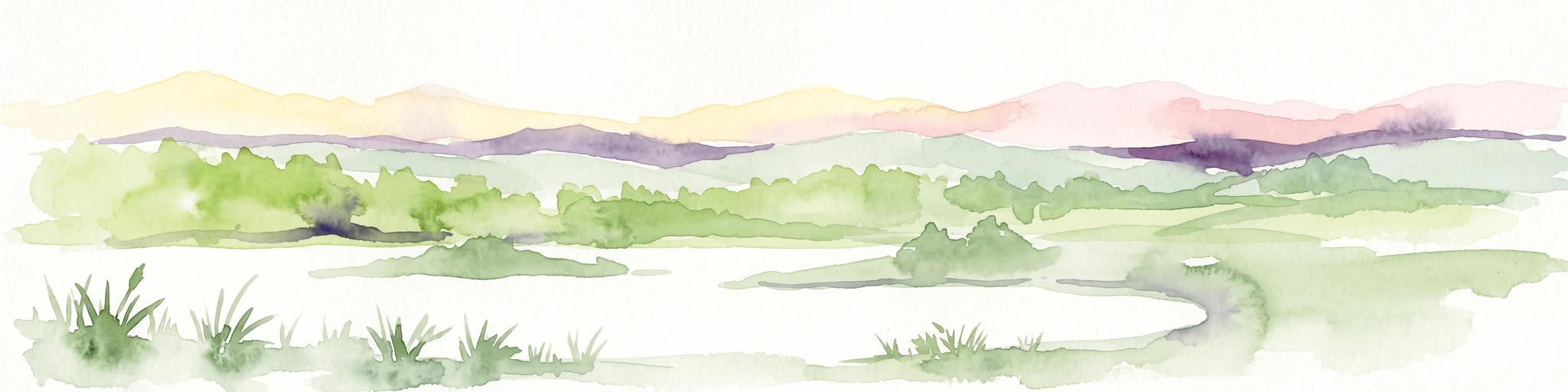 A horizontal watercolor painting depicting a landscape with calm water, grassy marshlands, and distant rolling hills in soft pastel colors.