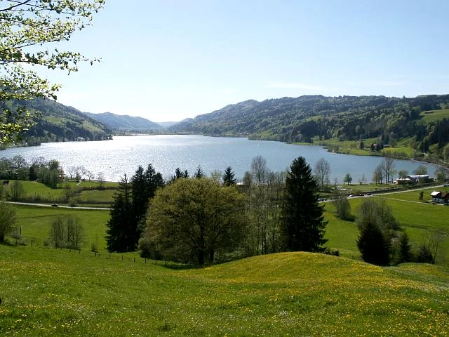 A wide landscape view of a large, sunlit lake surrounded by rolling green hills and forests.