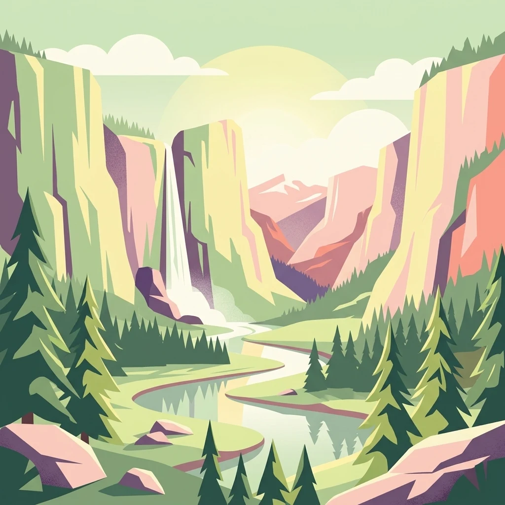 A stylized illustration showing a winding river flowing through a deep valley with steep cliffs, pine forests, and a tall waterfall in the distance under a bright sky.