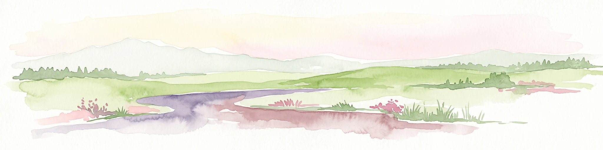 A horizontal watercolor painting showing a winding river through a soft green valley with rolling hills in the background.