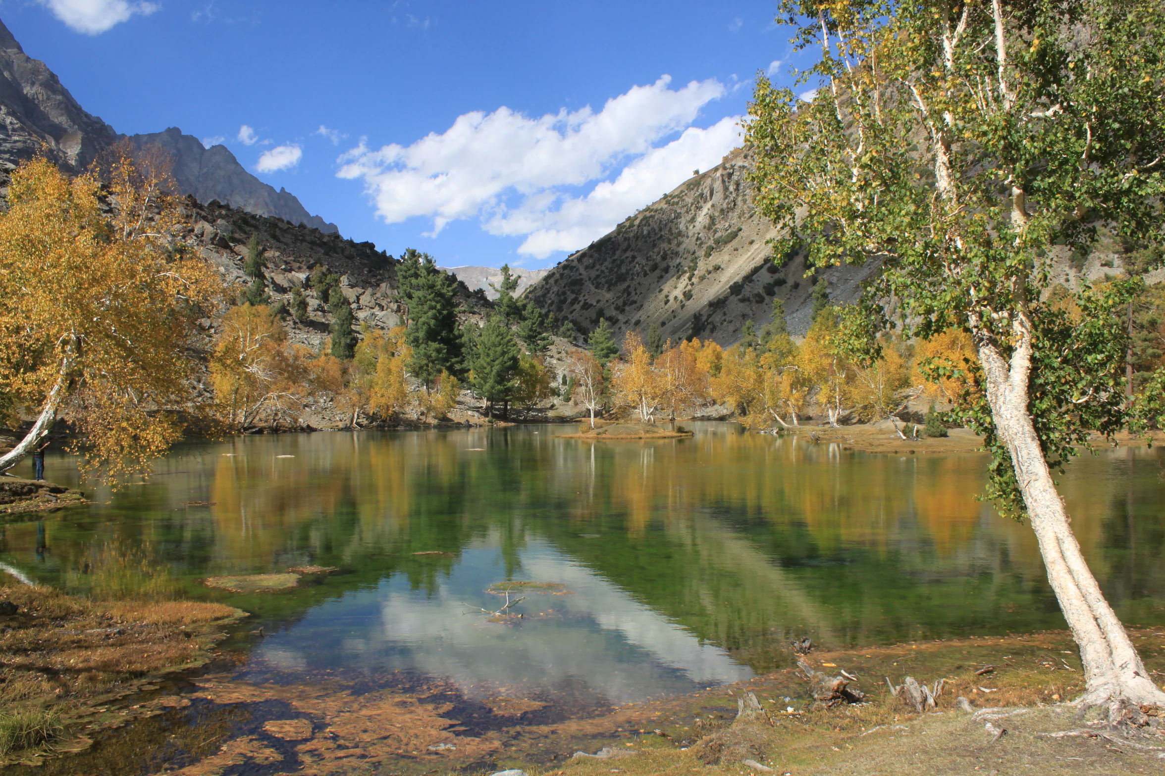 Un lago de montaña con agua verde y tranquila, clara, que refleja los abedules circundantes, con sus hojas doradas de otoño, y las empinadas laderas rocosas bajo un cielo azul.