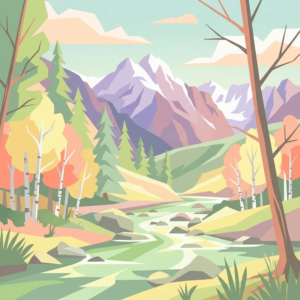 Una ilustración digital de estilo plano que muestra un valle de montaña con un río en primer plano, rodeado de árboles coníferos y caducifolios, que conduce hacia altos picos montañosos cubiertos de nieve bajo un cielo claro.