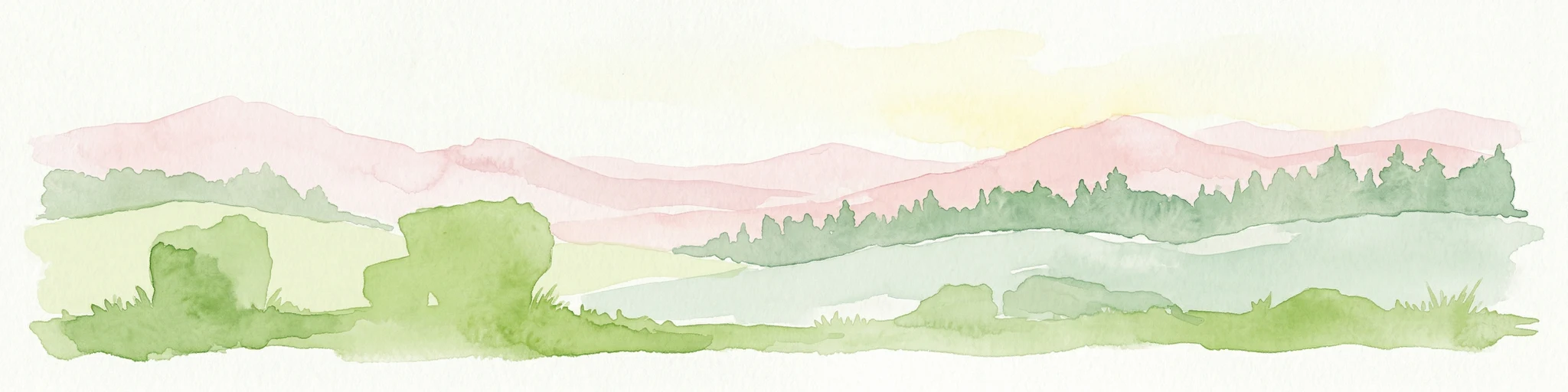 Campos verdes, árboles y montañas de tonos rosados en un paisaje acuarela