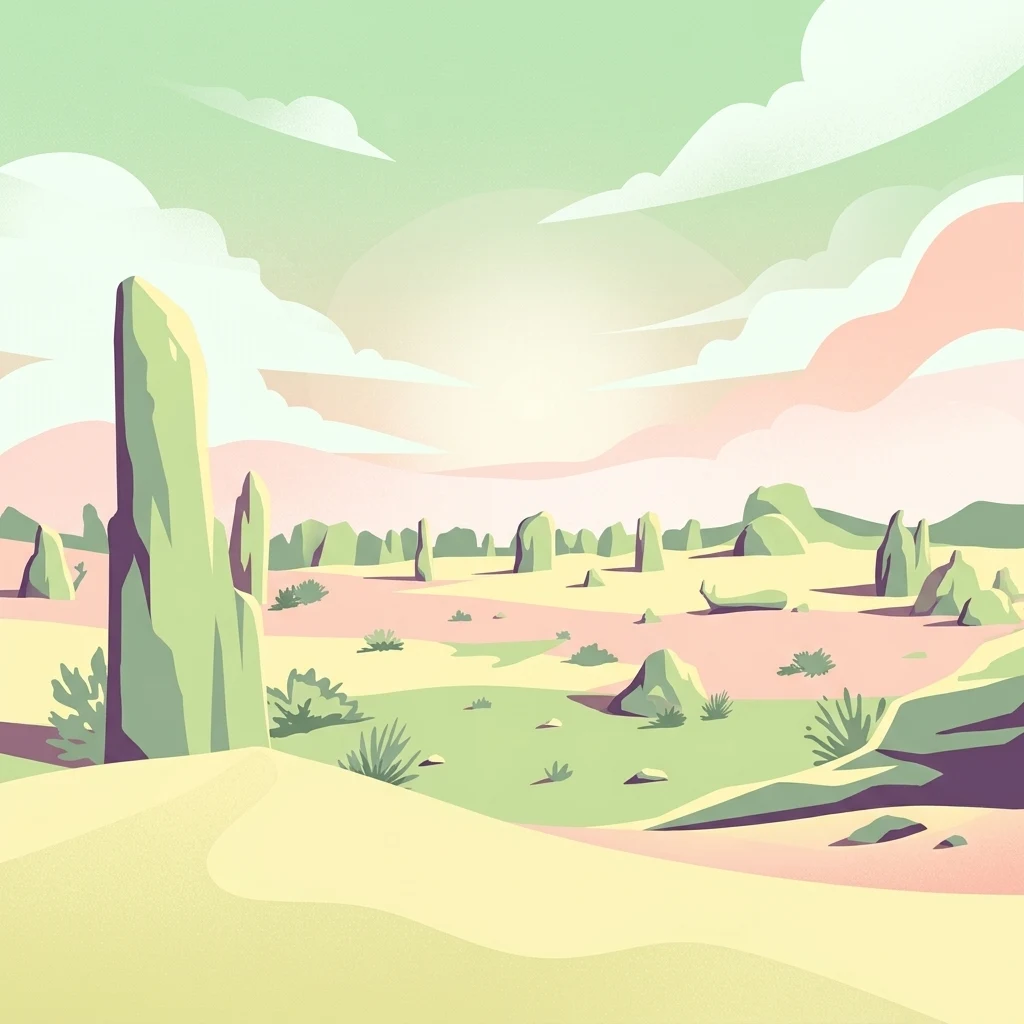 Illustration showing limestone pillars in a desert landscape with sandy dunes, sparse vegetation, and a pastel-colored sky