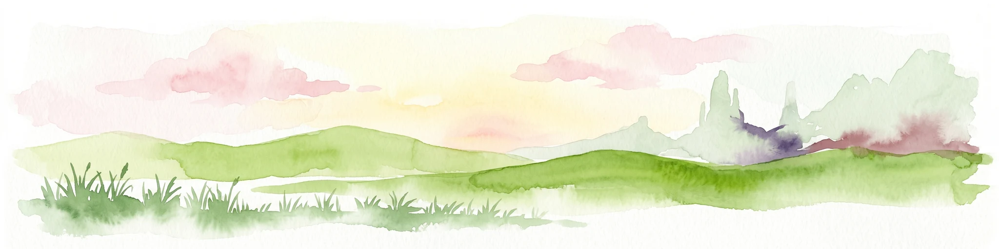 Watercolor illustration of a landscape with green rolling hills and pink clouds