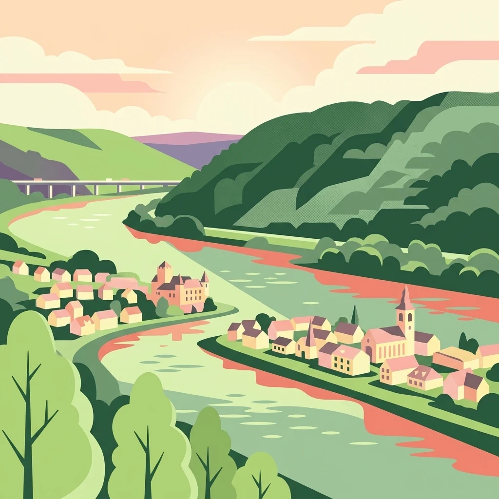 A flat-style vector illustration depicting a wide river flowing through a green valley with small towns nestled on the banks and a bridge in the distance.