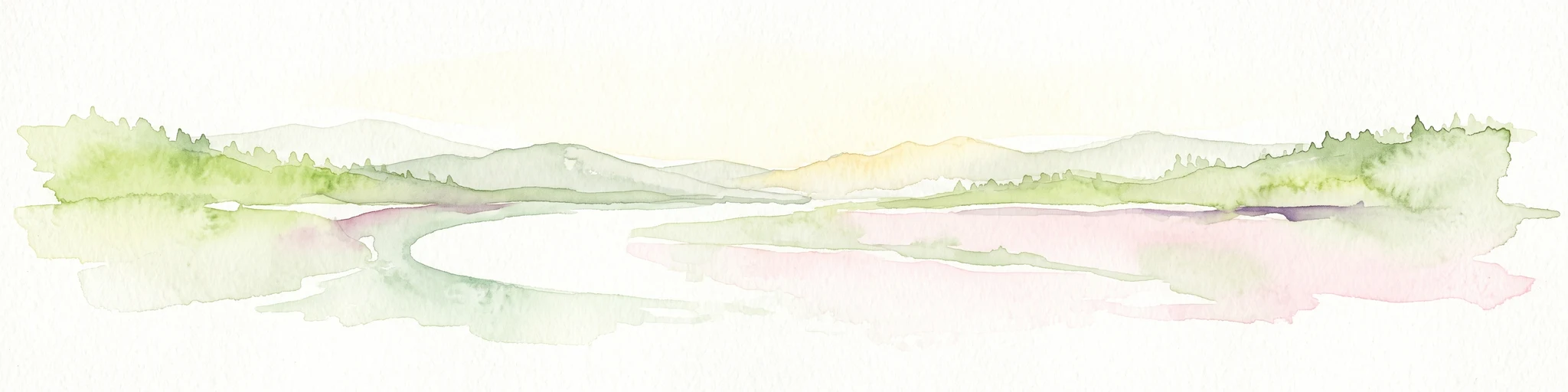 Una pintura horizontal en acuarela que muestra un paisaje suave y minimalista de un río serpenteante rodeado de colinas verdes bajas y vegetación de llanura aluvial sobre un fondo blanco.