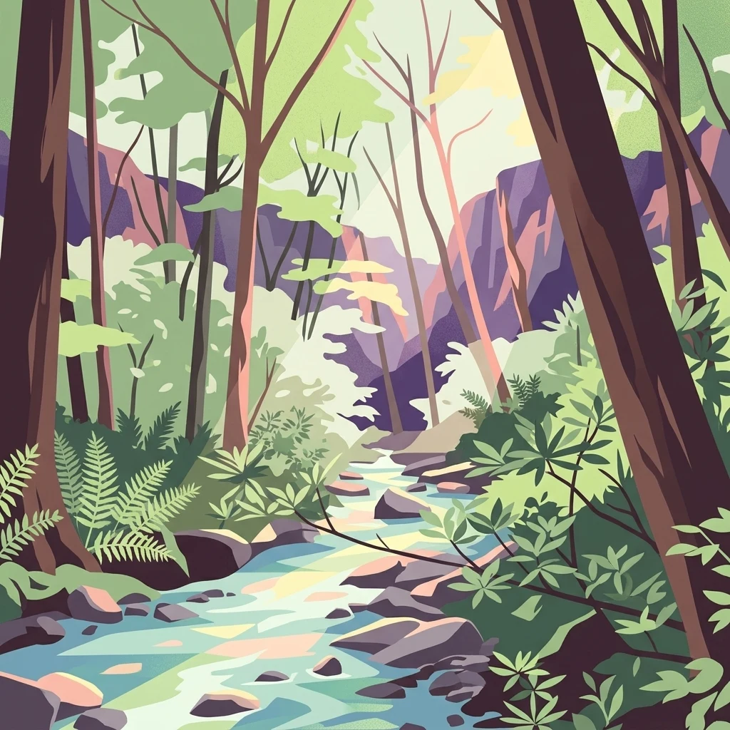 Una ilustración artística y estilizada de un arroyo de montaña que fluye a través de un bosque denso con árboles, helechos y terreno rocoso bajo una luz suave.