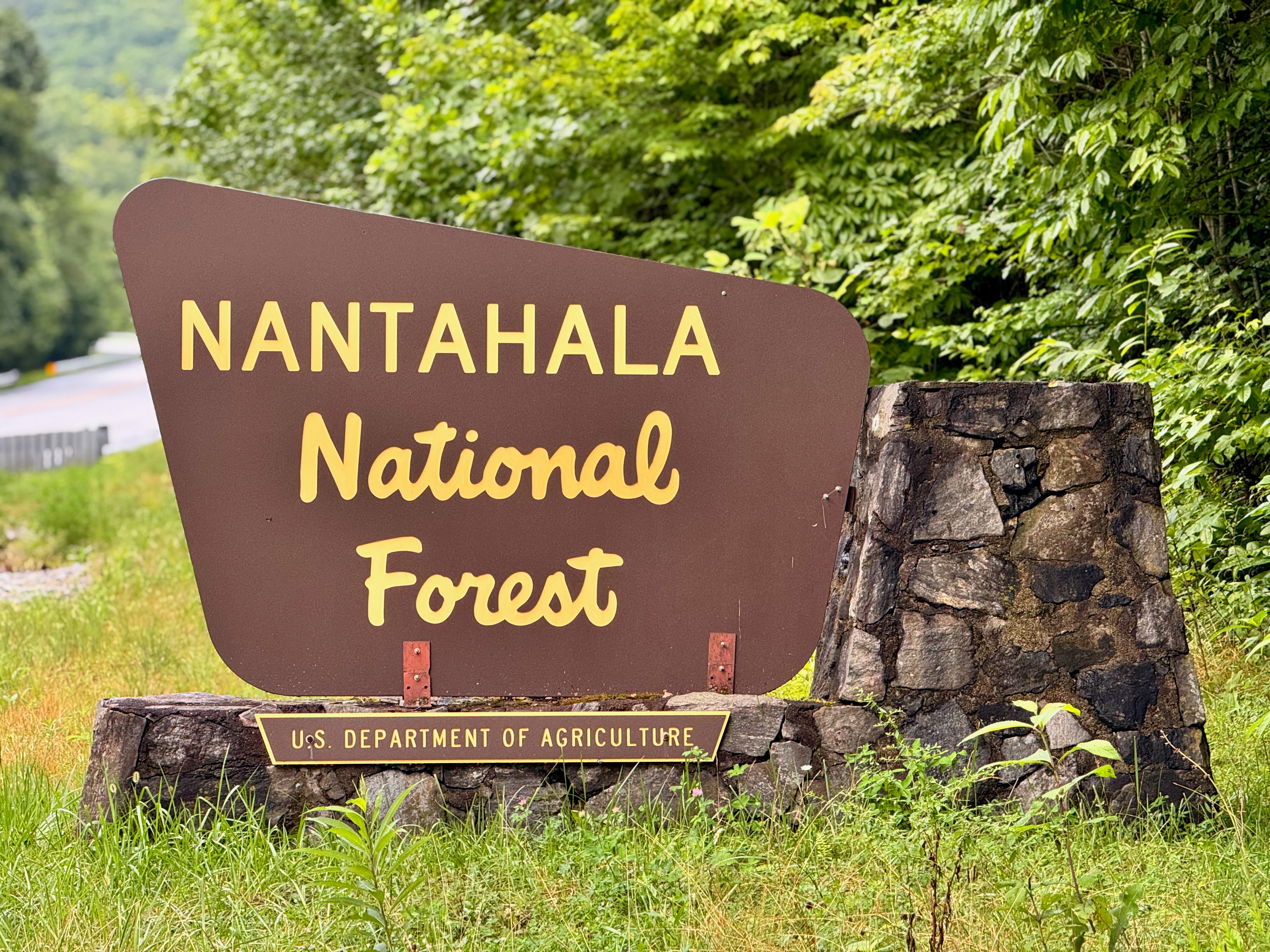A brown wooden entrance sign with yellow lettering reading Nantahala National Forest, mounted on a stone base, situated in a forested area.
