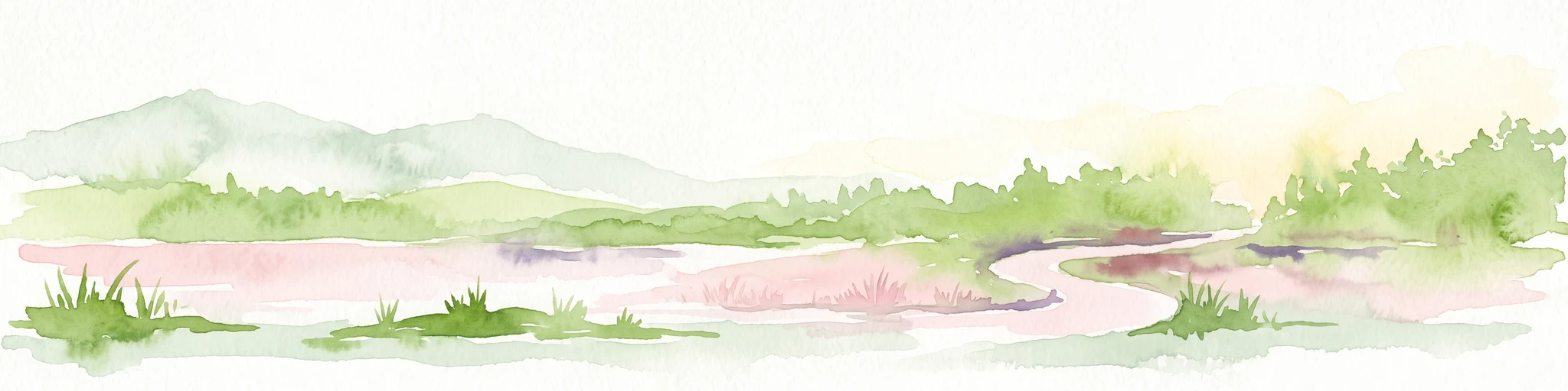 A horizontal watercolor painting depicting a soft green landscape with rolling hills, a meandering stream, and foreground grasses against a light white background.
