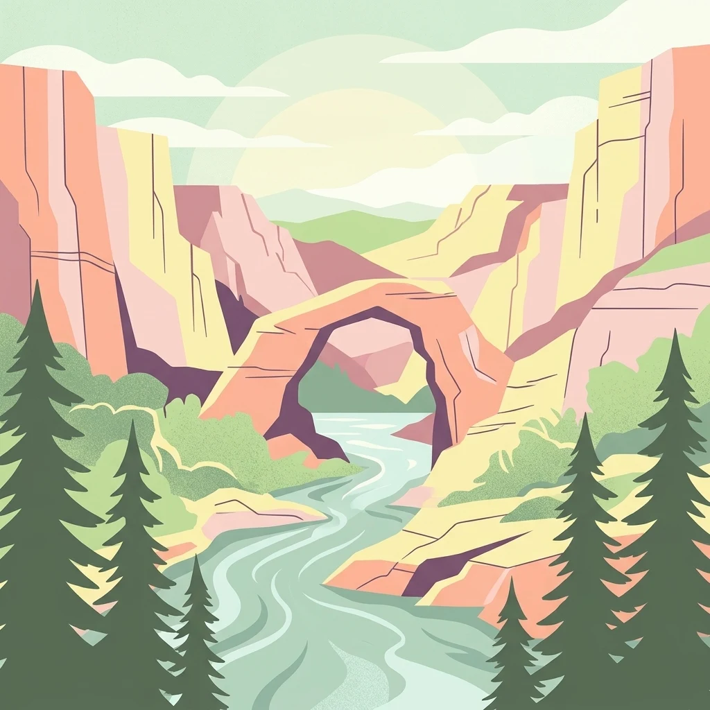 A stylized, flat-design illustration depicting a natural stone arch bridging a river between high, layered canyon walls, framed by silhouetted coniferous trees in the foreground.