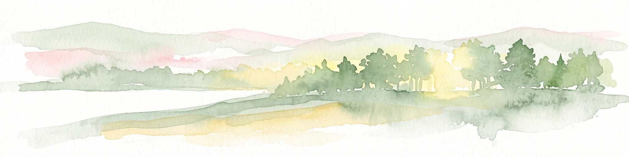 Watercolor painting of a soft, abstract landscape with a line of trees against rolling hills and light, hazy colors.