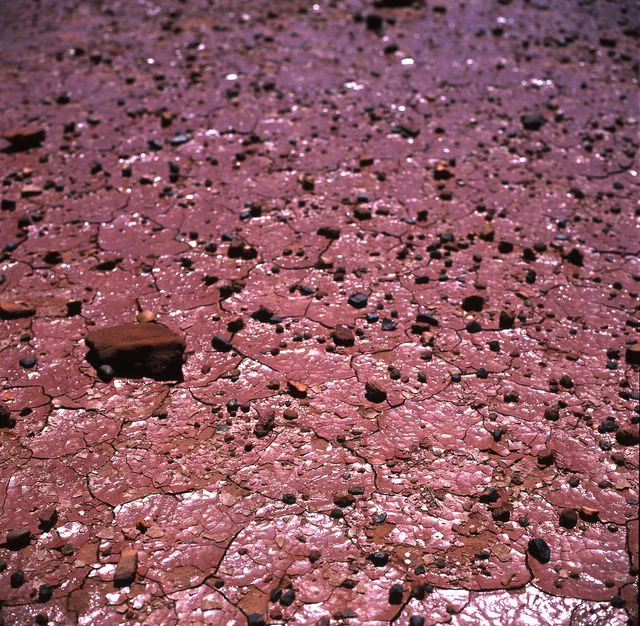 A close up, high angle view of a dry, cracked reddish-brown claypan ground surface scattered with small dark stones.