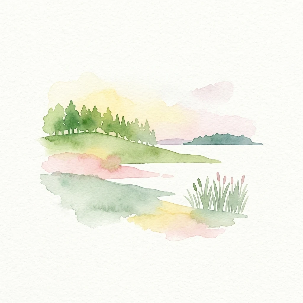 Watercolor illustration of a lake with green trees on a hill, reeds in the foreground, and a distant island