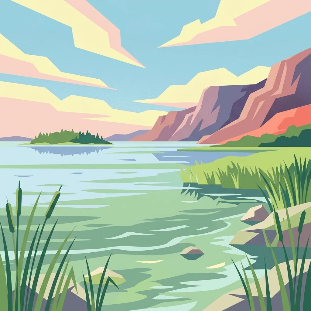 Ilustración de un lago con agua tranquila, orilla cubierta de hierba, juncos y montañas rocosas bajo un cielo colorido