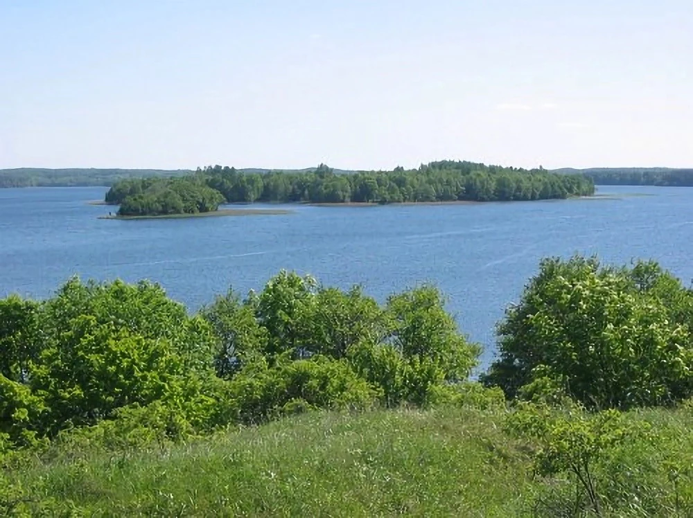 Wide landscape view of Lake Myadel with green trees in foreground, forested island in middle distance, and clear sky