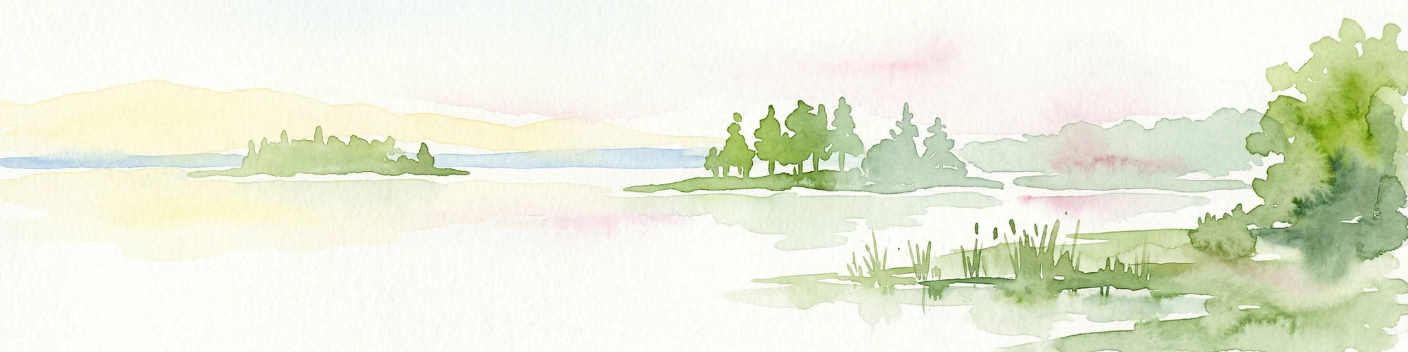 Pintura de acuarela que muestra un lago con pequeñas islas boscosas y un horizonte lejano.