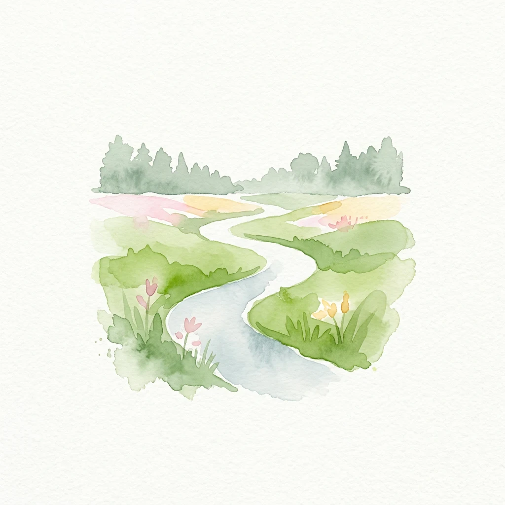 Watercolor illustration showing a winding river through green fields with flowers and trees