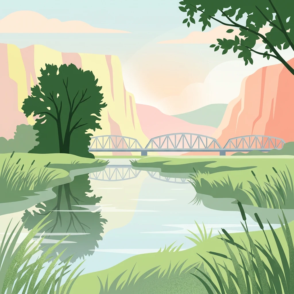 Ilustración que muestra un río con un puente, vegetación verde y acantilados coloridos al fondo