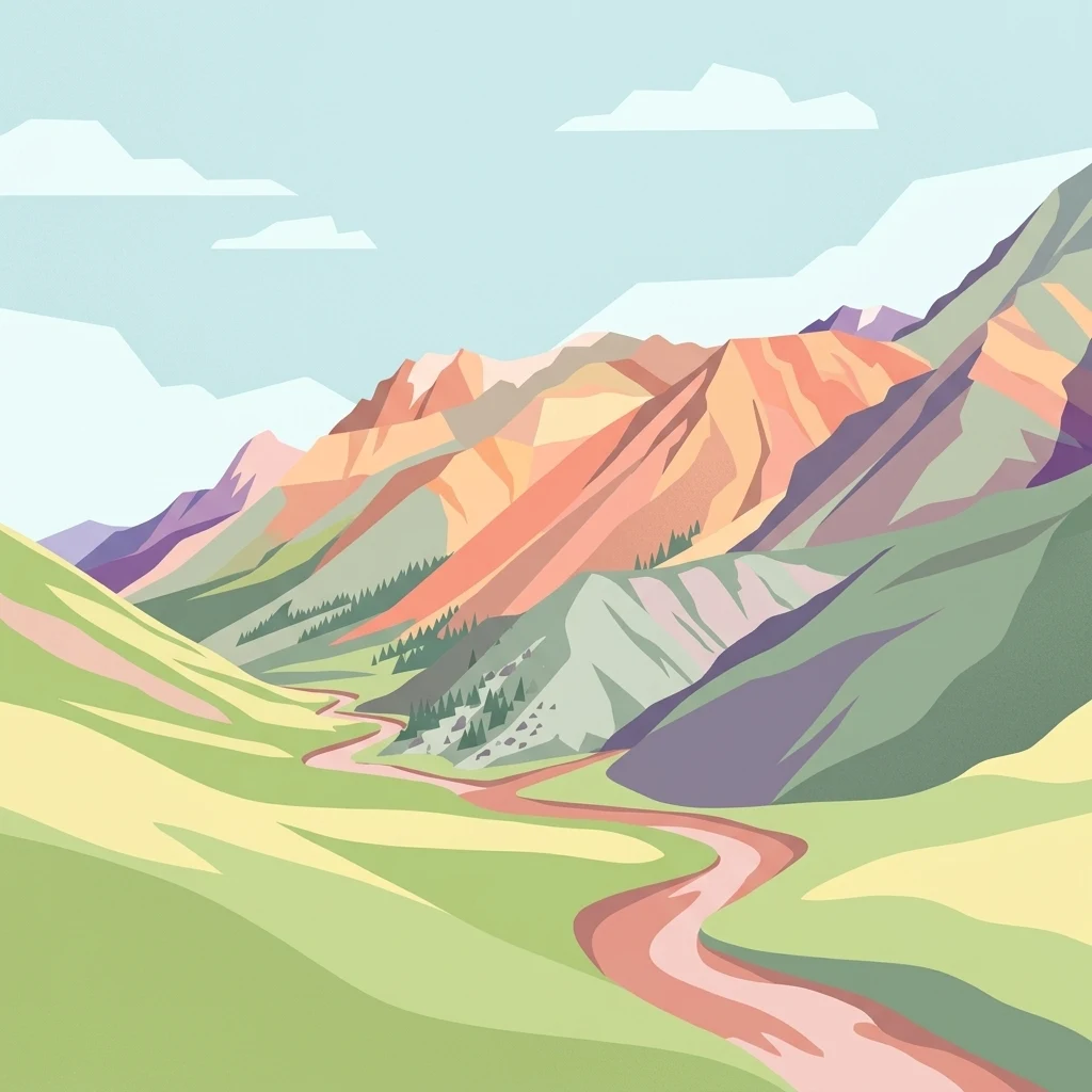 A stylized vector illustration of a winding river flowing through a lush green valley surrounded by multi-colored, layered mountain peaks under a clear sky.