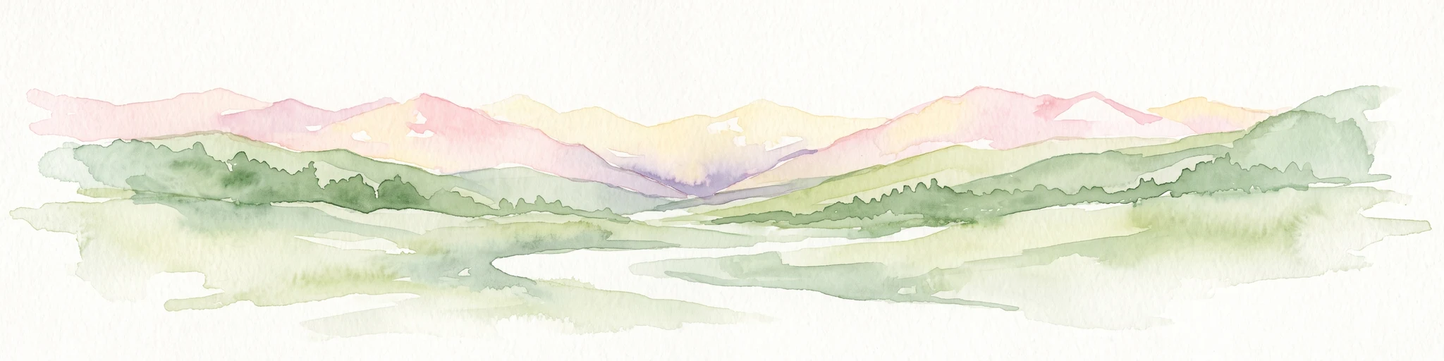A soft watercolor painting of a mountain valley with green rolling hills and a winding stream, rendered in light pastel tones on a white background.