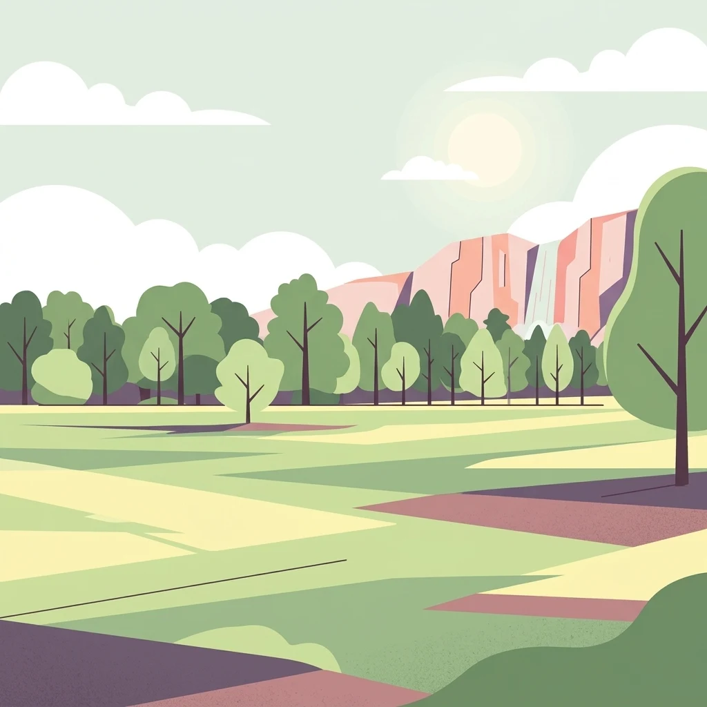 A flat, vector-style illustration of a natural landscape showing a foreground of green fields, a line of trees in the middle distance, and reddish cliffs with a small waterfall under a soft sun in the background.