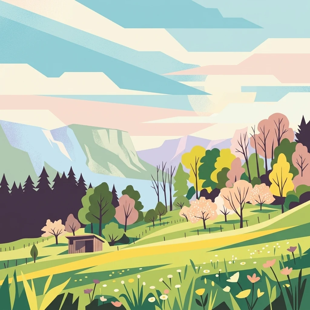 Una ilustración de estilo vectorial de un paisaje rural con colinas verdes onduladas, una pequeña cabaña de madera, árboles en flor y colinas lejanas bajo un cielo pastel suave.