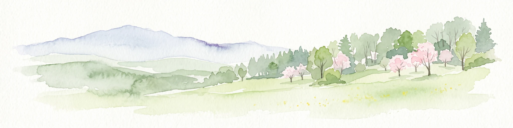 Una pintura en acuarela que muestra un paisaje verde suave con colinas onduladas, una cadena montañosa distante y árboles en flor.