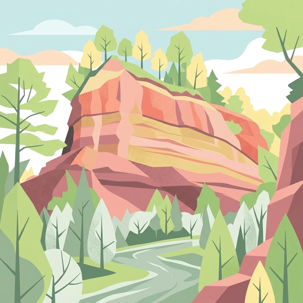 Ilustración digital estilizada que muestra un prominente acantilado de cono de ceniza rojizo con estratos rocosos en capas, rodeado de bosques verdes y un sendero serpenteante en la parte inferior.