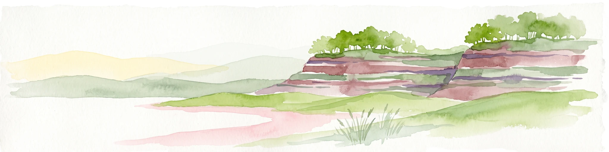 Una acuarela que muestra una formación geológica estratificada de color marrón rojizo, probablemente una cantera o un acantilado volcánico, coronada con árboles, con colinas verdes más suaves al fondo.