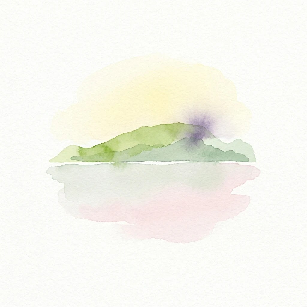 Watercolor illustration of a green island with reflection in pink water under yellow sky