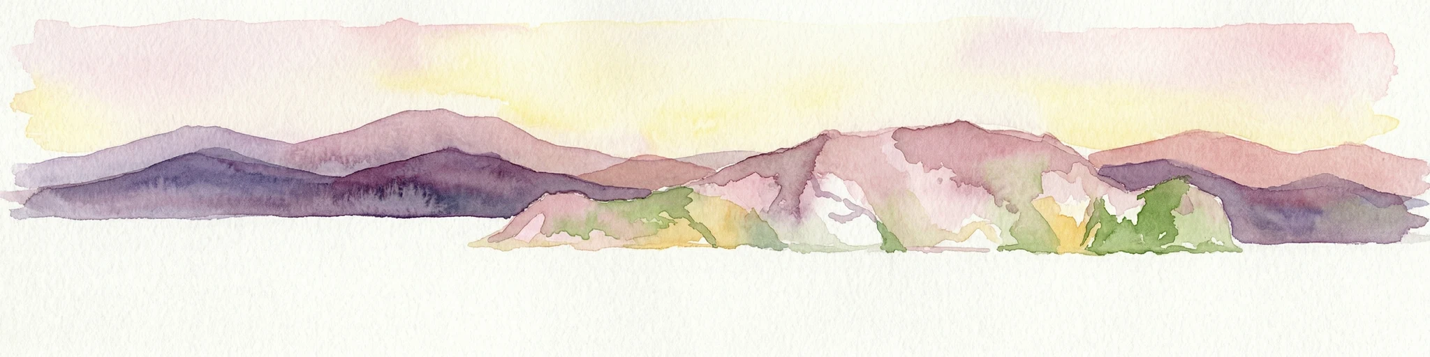 Ilustración acuarela de una cordillera con vegetación y picos lejanos bajo un cielo claro