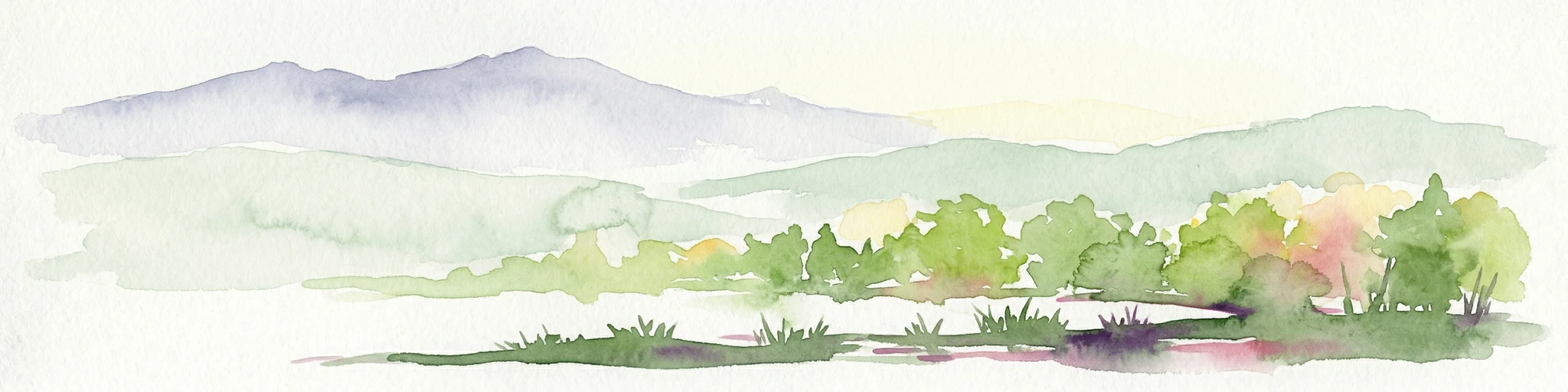 Pintura de acuarela de un paisaje montañoso con bosques verdes y colinas distantes