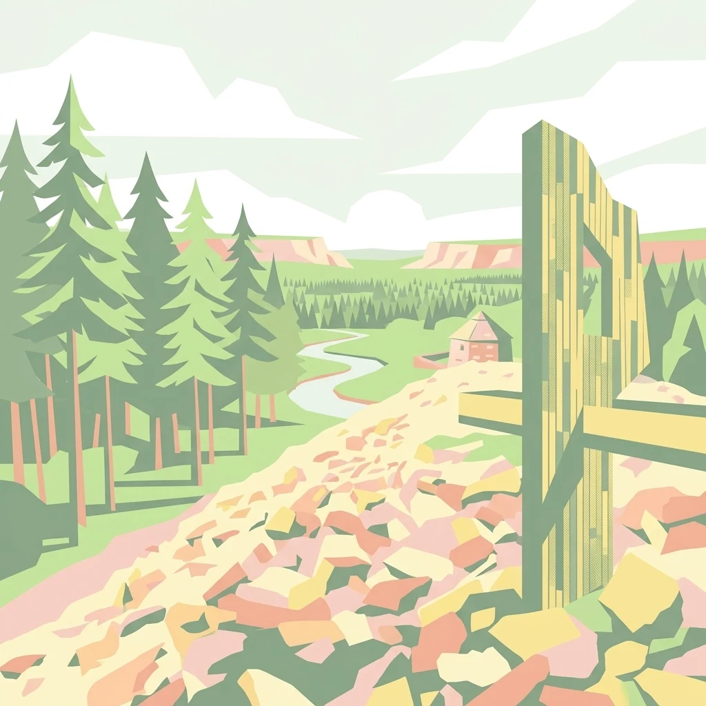 Una ilustración gráfica que muestra un paisaje con árboles de hoja perenne a la izquierda, un río serpenteante en el valle y una pendiente rocosa en primer plano con una estructura de madera estilizada.