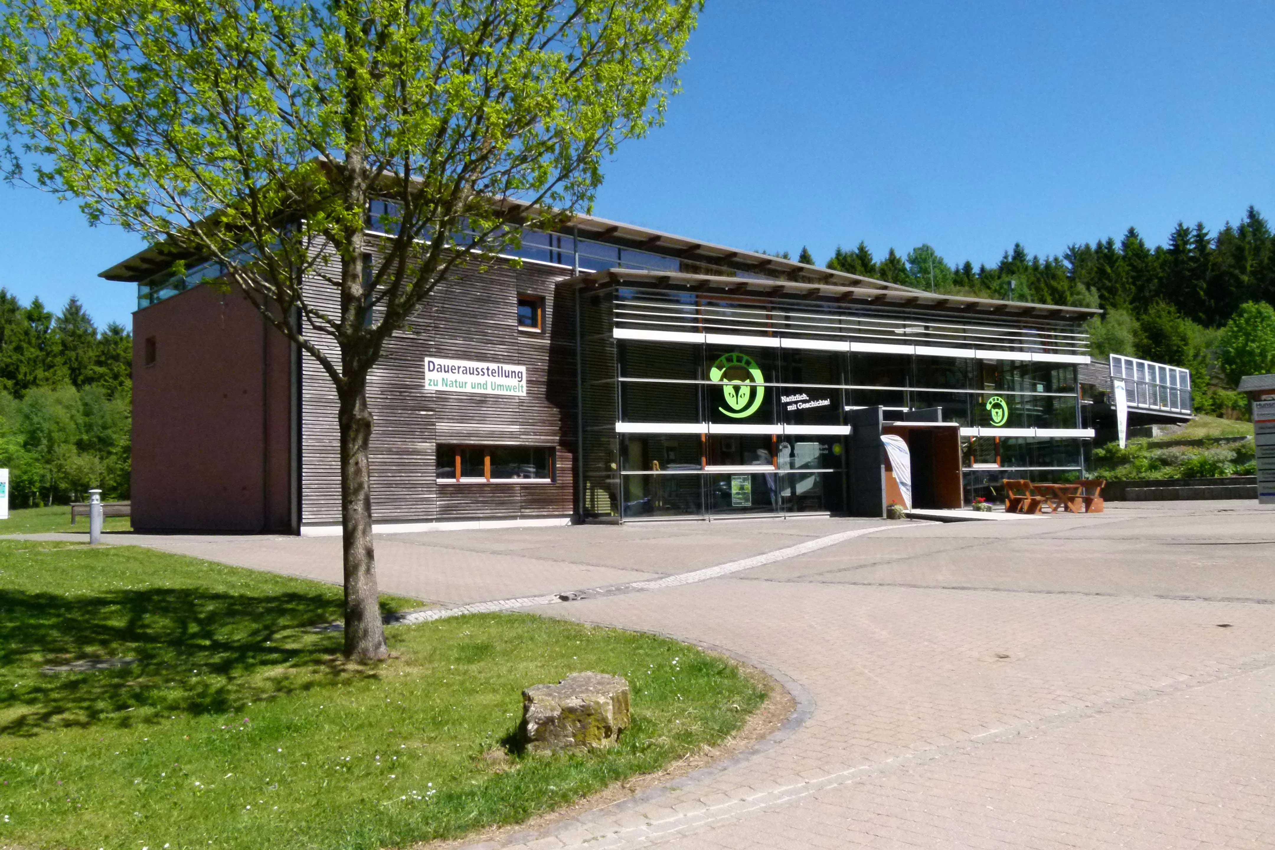 A modern two-story building with wood-paneled walls and a glass facade, situated in a sunny clearing with a tree in the foreground.
