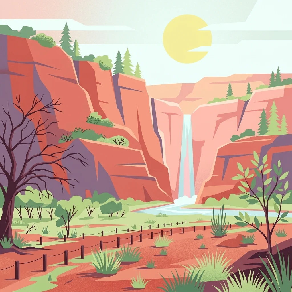 Una ilustración digital de estilo plano de un paisaje de cañón desértico con paredes de roca roja, una cascada en la distancia, un sendero sinuoso, vegetación desértica dispersa y un sol brillante en el cielo.