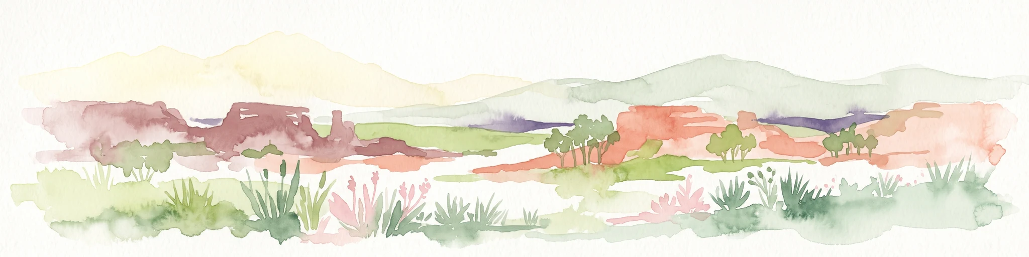 Watercolor painting of an arid landscape featuring red sandstone rock formations, green scrub, and grasses against pale mountains.
