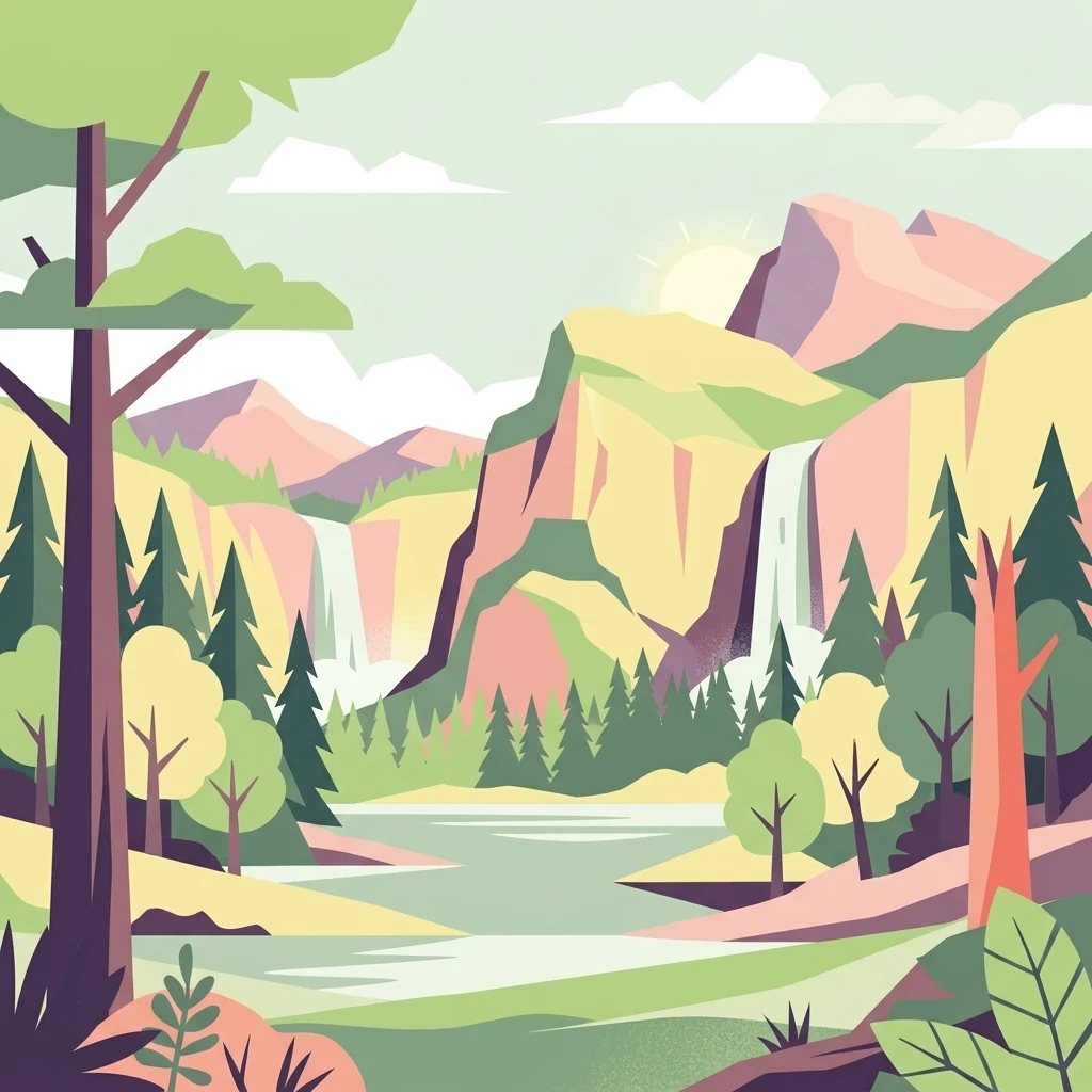 Stylized flat-vector illustration of a river valley with waterfalls cascading down cliffs, surrounded by pine and deciduous trees and mountains in the background.