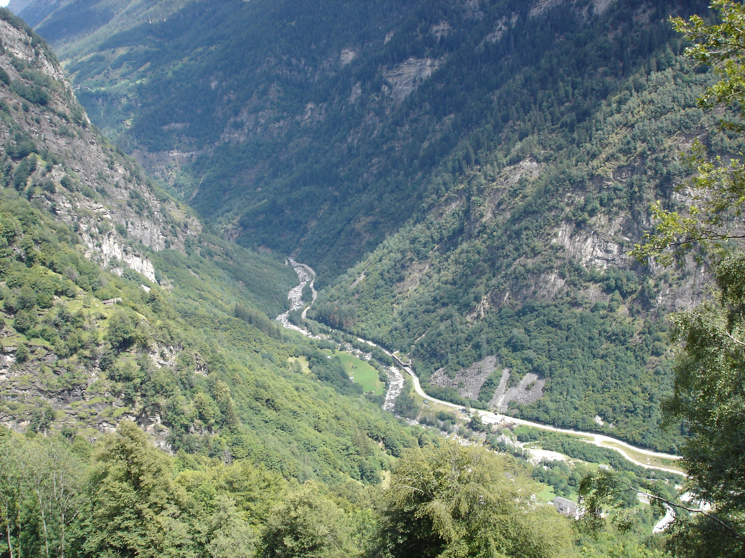 A high-angle view looking down into a deep alpine valley with steep, forested mountain slopes on both sides and a river winding through the valley floor.