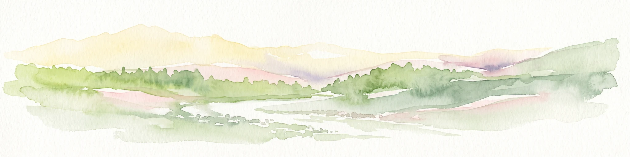Una suave ilustración en acuarela de un valle alpino verde con montañas lejanas en tonos amarillo claro y púrpura.