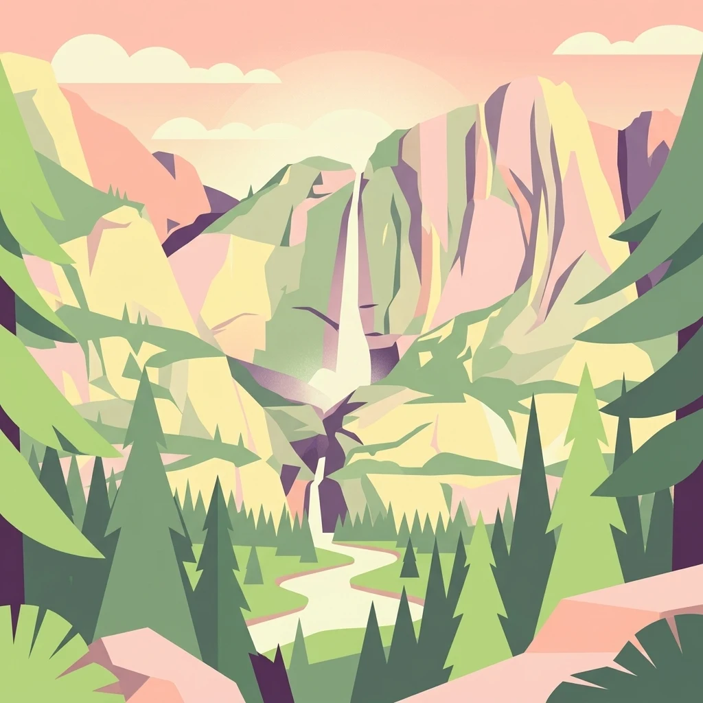 Vector-style graphic art of a mountain landscape at sunset featuring a tall waterfall cascading down into a valley with evergreen trees in the foreground.
