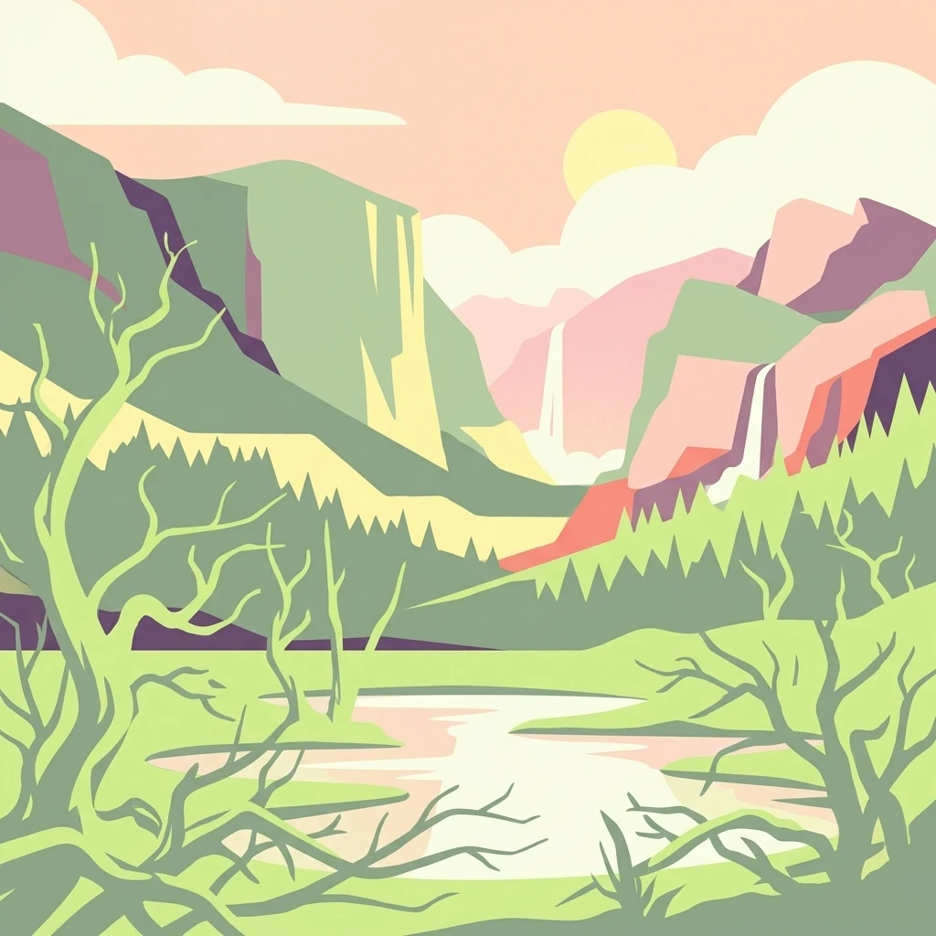 A graphic illustration of a mountain valley with steep cliffs, two distant waterfalls, a central stream, and foreground gnarled trees, rendered in a soft color palette of greens, pinks, and yellows.