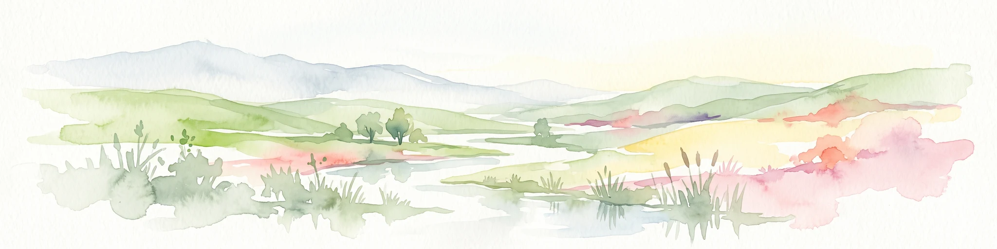 A soft watercolor painting of a winding river flowing through green rolling hills and meadows under a hazy, bright sky.